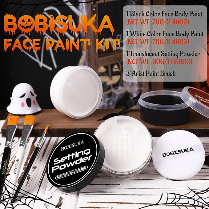 BOBISUKA Black & White Face Body Paint + Setting Powder + 3PCS Artist Brushes Face Painting Kit for Adult Large Capacity Professional Oil Based Cream Paints Palette For Halloween Clown Skeleton Vampir