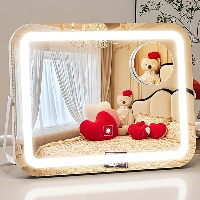 14x10 Inch Lighted Makeup Mirror with 10X Magnification - 3 Mode Dimmable LED & Smart Touch Control - Vanity Mirror with Lights for Desk (White)