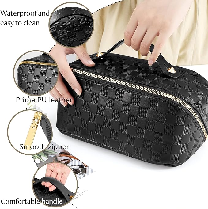 Checkered Travel Makeup Bags Cosmetic Organizer Bag: 2-Set Large Capacity Waterproof Makeup Bag - PU Leather Toiletry Bag for Women - Wide Open Portable Pouch with Handle and Divider (BLACK)