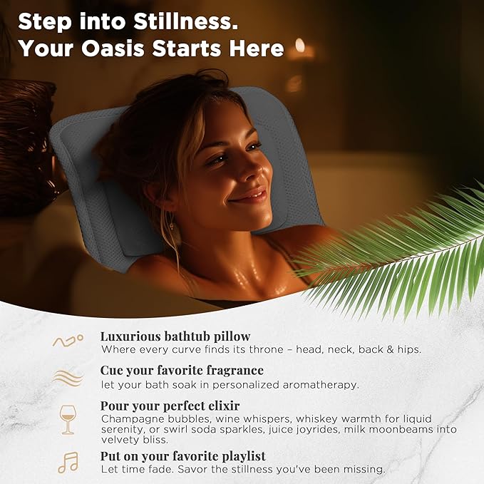 Full Body Bath Pillow for Tub, Extra Thick 4D Air Mesh & Quick-Dry Spa Pillow for Head Neck and Beck Support, Non-Slip Suction Cups Fits All Tubs - Luxury Bath Accessories for Relaxation, Grey (Grey)