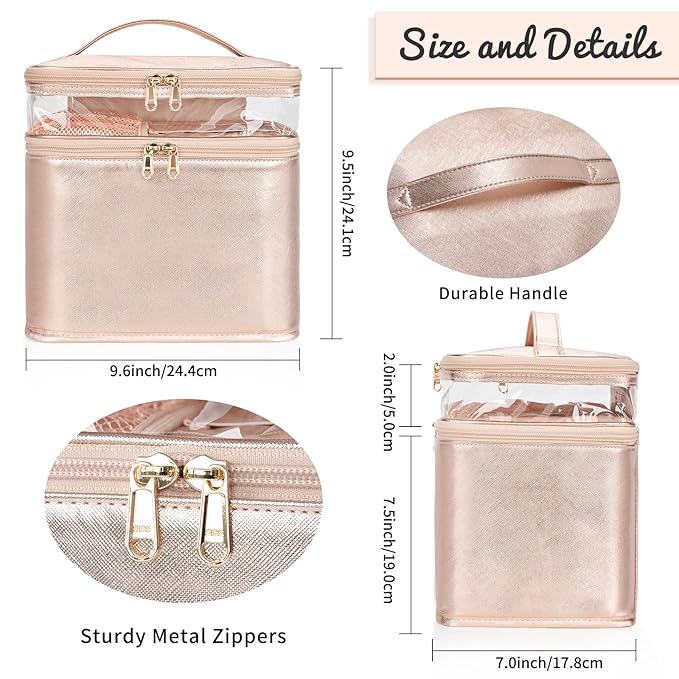 OCHEAL Large Makeup Bag, Double Layer Makeup Bag, Vertical Storage Cosmetic Case for Women/Girls with Multiple Compartments-Rose Gold