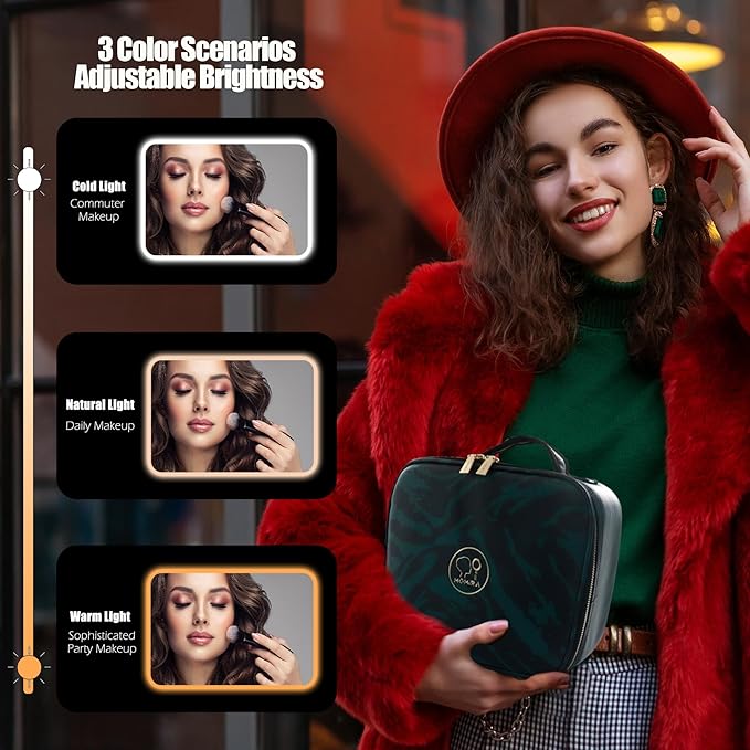 MOMIRA Makeup Bag with Mirror and Light Travel Makeup Train Case Cosmetic Organizer Portable Artist Storage Bag with Adjustable Dividers Makeup Brushes Storage Organizer Zebra-Green