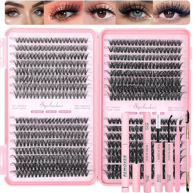 Lash Clusters Kit, 640 Pcs Eyelashes Clusters Extensions Kit 9-16mm Individual Lashes D Curl Fluffy Wispy False Eyelashes, with Bond Seal Remover Tweezers Brush DIY (40D+50D+60D+80D Kit 9-16 mm)