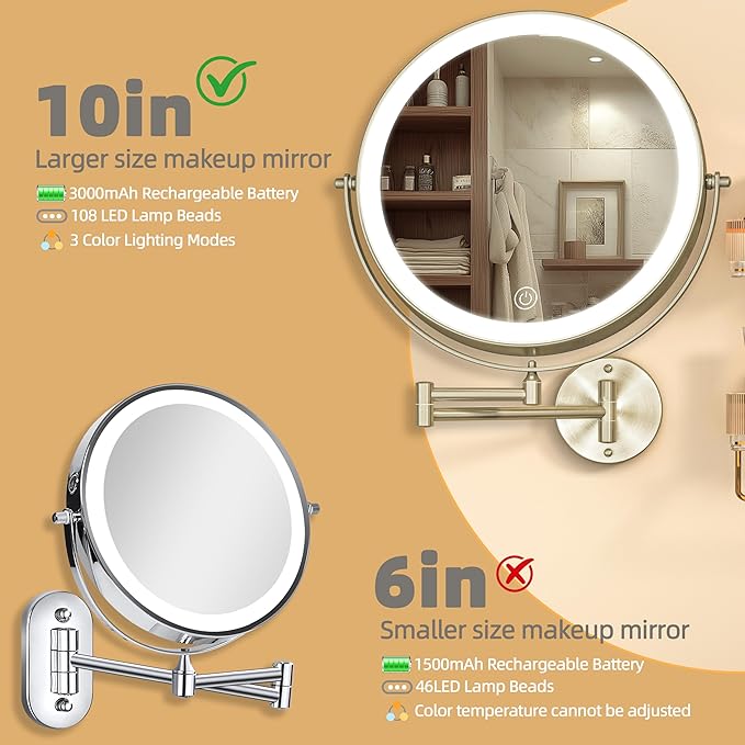 10" Wall Mounted Makeup Mirror with Light, 3000mAh Rechargeable Double Sided 1X / 10X Magnifying Vanity Mirror, 3 Color Lights Touch Dimmable 360° Rotation Bathroom Mirror, Nickel