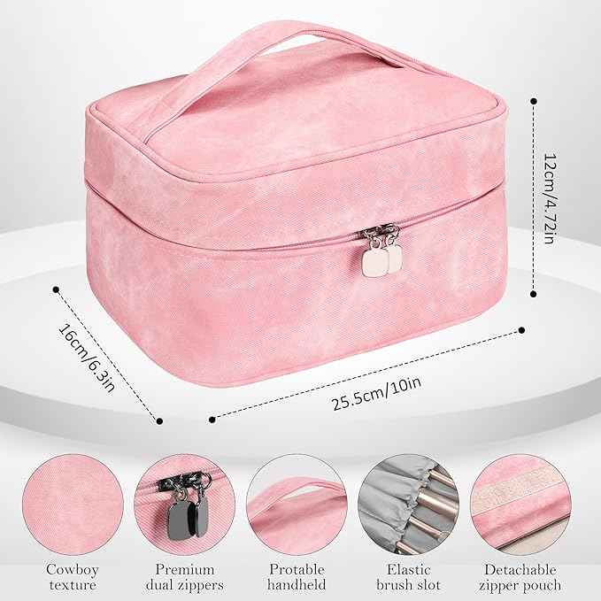 Makeup Bag, Portable Cosmetic Bag, Large Capacity Travel Makeup Case Organizer,Stylish Denim-Look Toiletry Bag for Women Girls With Handle and Removable Pouch