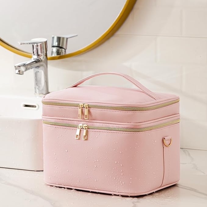 Makeup Bag for Women XL-Large Travel Makeup Bag Organizer Portable Toiletry Bag Cute Makeup Bags Waterproof Leather Cosmetic Bag Makeup Case with Removable Dividers, Pink