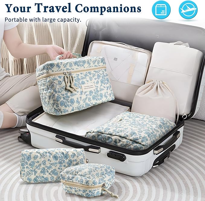 VIWIME Makeup Cosmetic Bag, Large Cotton Quilted Travel Coquette Aesthetic Cute Floral Make up Bag for Women Toiletry Bag Organizer (205- Sky Blue/ 4Pcs)