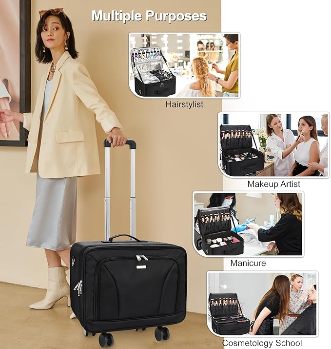 MONSTINA Rolling Makeup Train Case with Detachable Universal Wheels,Professional Trolley Cosmetic Case, 3-Layer Cosmetic Organizer, Extra Large Makeup Travel Bag for Makeup Artist Hairstylist