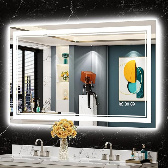 48x28 LED Bathroom Mirror with Lights, Backlit + Front Lit, Anti-Fog Lighted Vanity Mirror for Bathroom Wall, 3 Colors, Dimmable, Memory, HD Tempered Glass, Shatter-Proof, CRI>90, ETL Listed