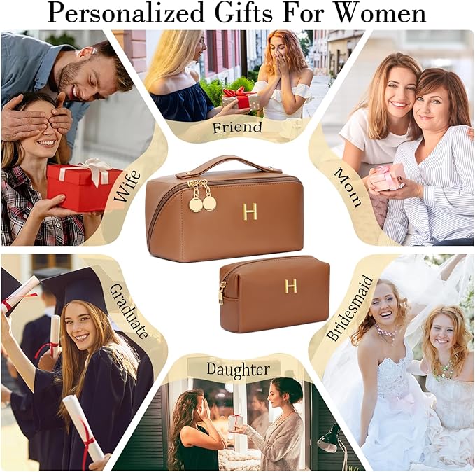 Birthday Gifts for Women Teen Girl, Personalized Initial Makeup Organizer Bag Set, Open Flat Travel Cosmetic Bag With Clear Divider and Handle(Brown,H)