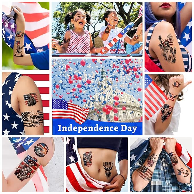 77 Sheets Independence Day Temporary Tattoos, USA Flag Patriotic Waterproof Fake Tattoos, Red White and Blue Party Supplies Tattoo for 4th of July Memorial Day, Veterans Day Tattoos