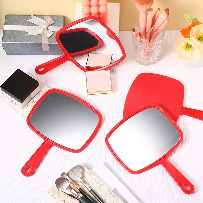 Geetery 12 Pcs Hand Held Mirrors with Handles Hand Makeup Mirrors Bulk Wall Mount for Women Cosmetic Bathroom Home Barber Salon Travel Portable Beauty School Gift, 6.69 x 9.45 Inch (Red)