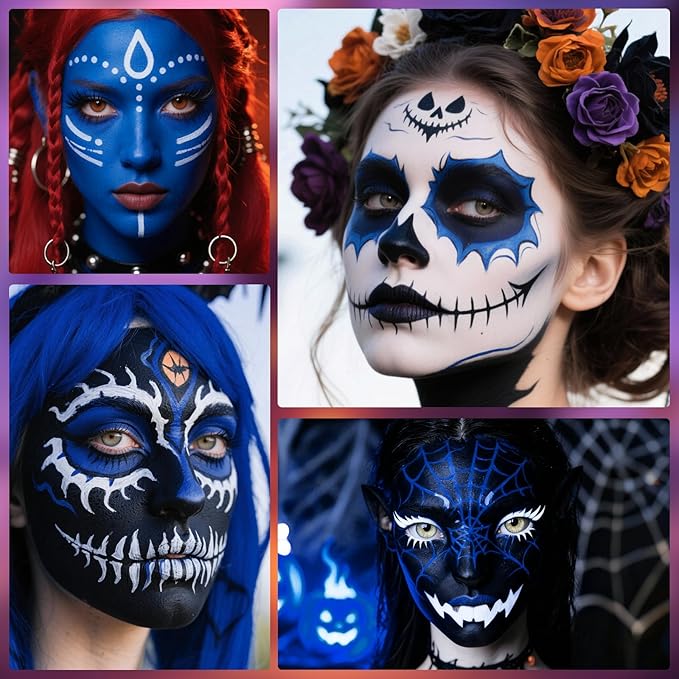 Blue Black White Oil Based Face Paint Kit with Painting Brushes, Professional Full Coverage Greasepaint for Adults Halloween Cosplay SFX Avatar Smurf Mermaid Makeup Stage Theater