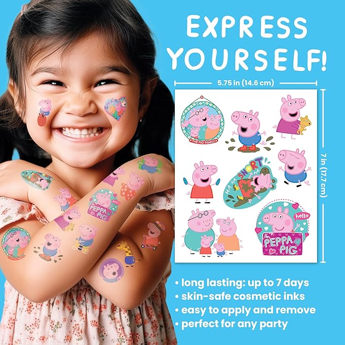 Savvi - 50 Peppa Pig Temporary Tattoos: Skin-Safe Ink, Great for Birthday Parties, Gifts for Boys and Girls Ages 4-12+, Made in the USA [6 sheets, 50 count]