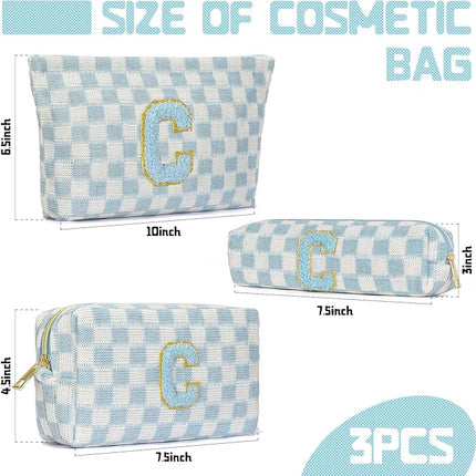 Graduation Gifts for Her,3 Pieces Checkered Makeup Bag Personalized Initial Make Up Bag Cute Storage Pouch Travel Toiletry Cosmetic Bag Teacher Birthday Gifts for Women (Blue-C)