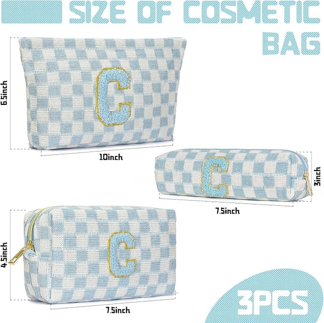 Graduation Gifts for Her,3 Pieces Checkered Makeup Bag Personalized Initial Make Up Bag Cute Storage Pouch Travel Toiletry Cosmetic Bag Teacher Birthday Gifts for Women (Blue-C)
