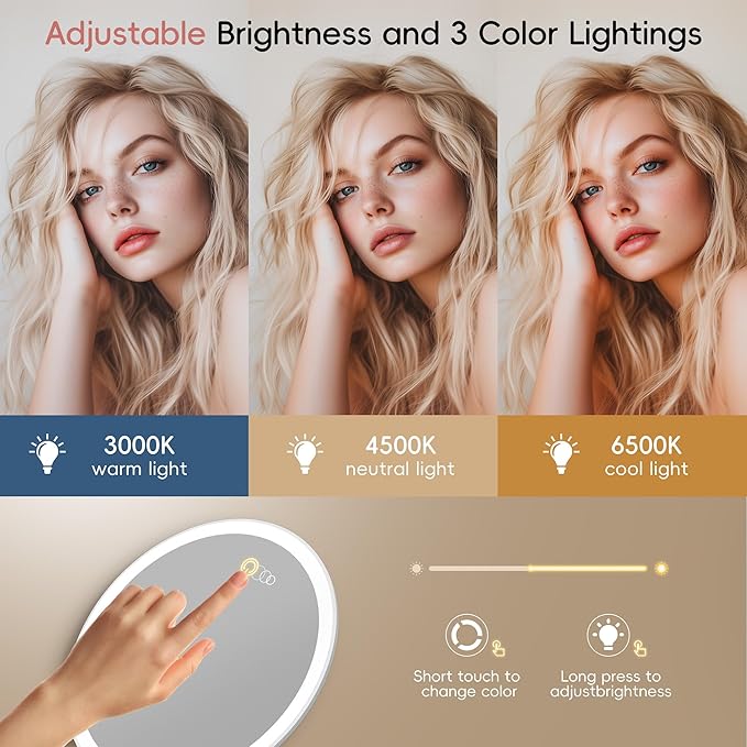 Yls Rechargeable Lighted Makeup Mirror with 1x/10x Detachable Magnification, Vanity Mirror with 3 Color Adjustable Lighting,Qi-Enabled Charging,and 360 °Rotating Design