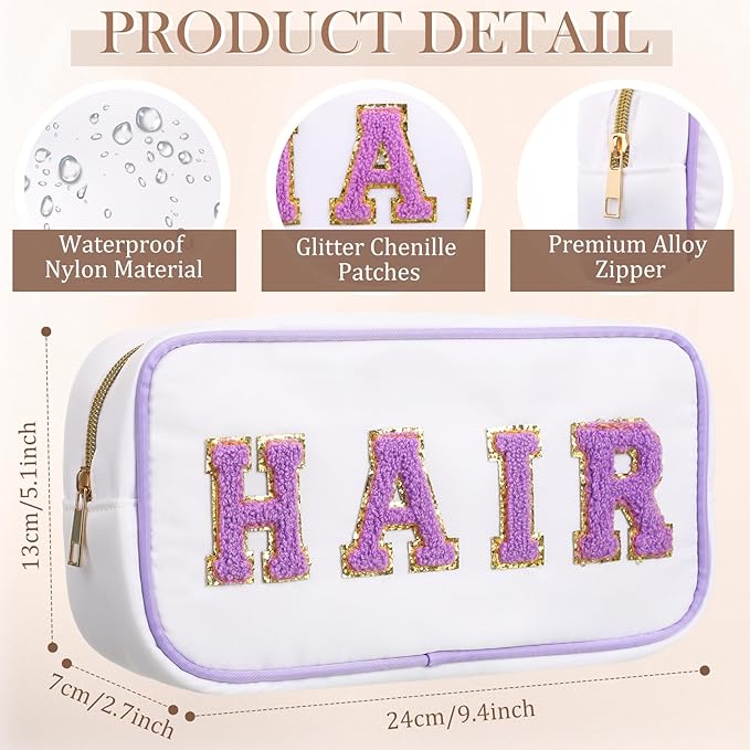 Cunno 4 Pcs Preppy Makeup Bags Chenille Letter Stuff Bag Nylon Cosmetic Pouch Cases with Zipper for Women Travel Toiletry