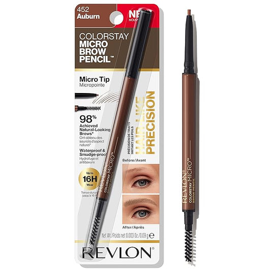 Revlon ColorStay Micro Eyebrow Pencil with Built In Spoolie Brush, Infused with Argan and Marula Oil, Waterproof, Smudgeproof, 452 Auburn, 0.003 oz