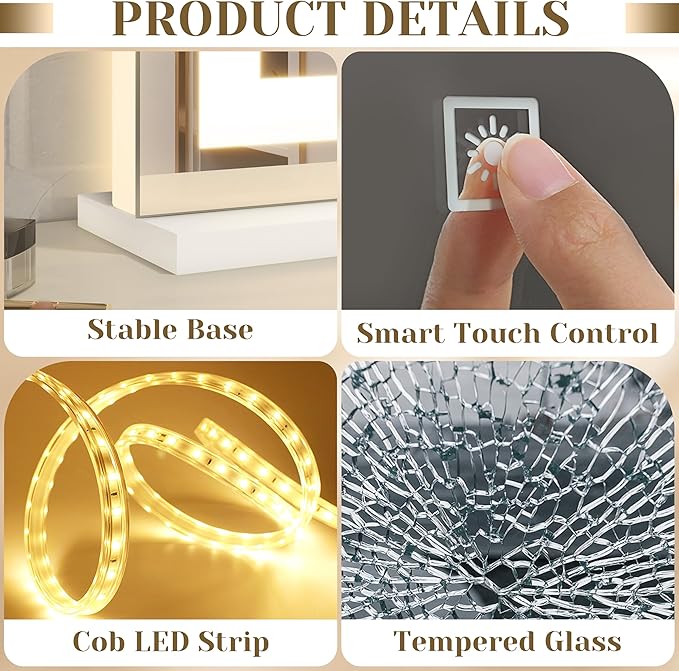 Lighted Vanity Mirror with Lights, LED Makeup Mirror with 3 Color Modes, Touch Dimming, Wall Mountable & Tabletop, Dressing Room Mirror with 10X Magnification, 22x19 Inch, White