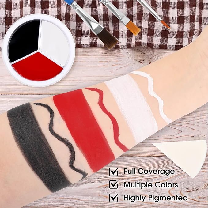 3 Colors Face & Body Paint [Black, White, Red] + 3pc Sponge & Brush, Baseball Eye Black for Sports Face-Painting, Halloween Makeup Kit for Zombie, Clown, Vampire, Skeleton, Joker Costume Makeup