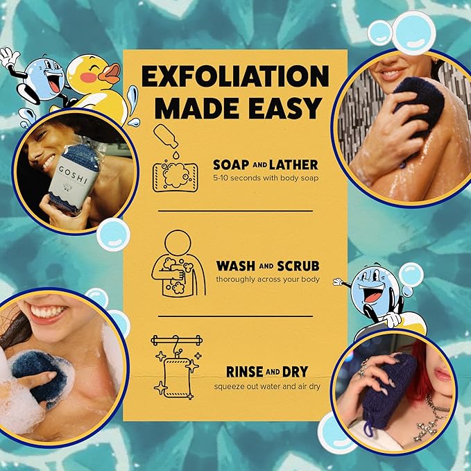 GOSHI Exfoliating Shower Sponge - Rip-Resistant, Rapid-Drying Exfoliating Bath Sponge for All Skin Types - Indigo Blue - Made in Japan