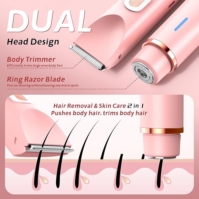 2-in-1 Women’s Electric Razor & Bikini Trimmer - Painless Pubic Hair Shaver, IPX7 Waterproof Wet/Dry Use for Bikini Area, Legs, Face, Underarms (Pink)