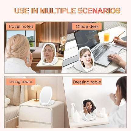 Travel Makeup Mirror with Light: 3 Color Lighting Portable Mirror with Touch Screen Rechargeable Adjustable LED Lights Hexagon Vanity Mirror for Travel, Desk, Home (White)