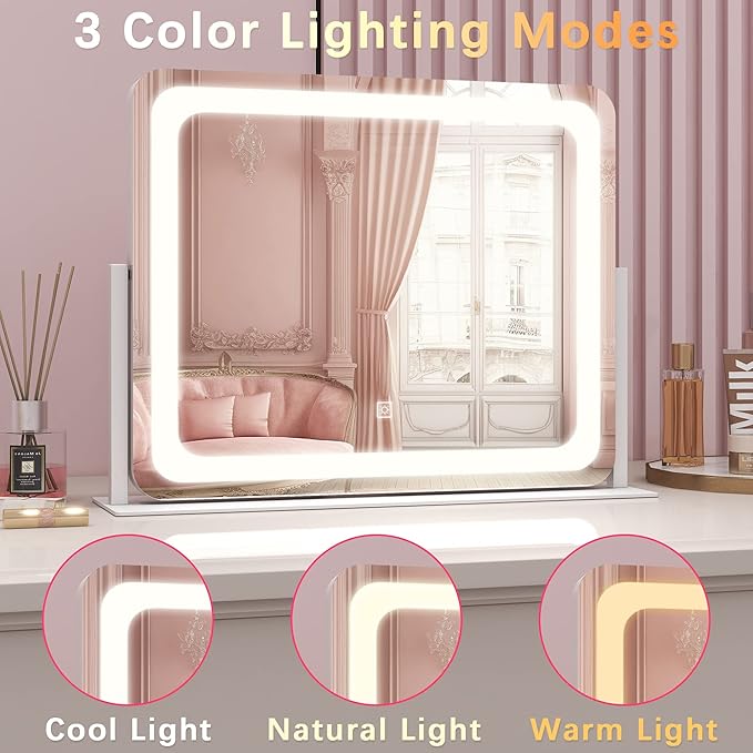 22x17 Inch Lighted Vanity Mirror with Dimmable LED Lights - 3 Color Modes, Smart Touch Control & 360° Rotating Base - Desk Makeup Mirror (White)