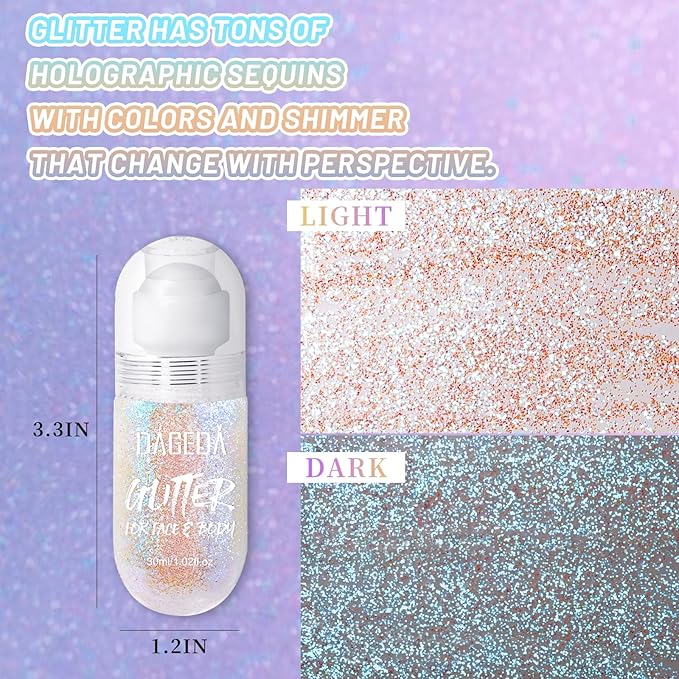DAGEDA Body Glitter Gel, Roll-on Face Glitter for Mermaid Makeup Festival Rave Accessories, Holographic Hair Glitter Gel,Body Shimmer Halloween Makeup for Rave Party(Fantasy)