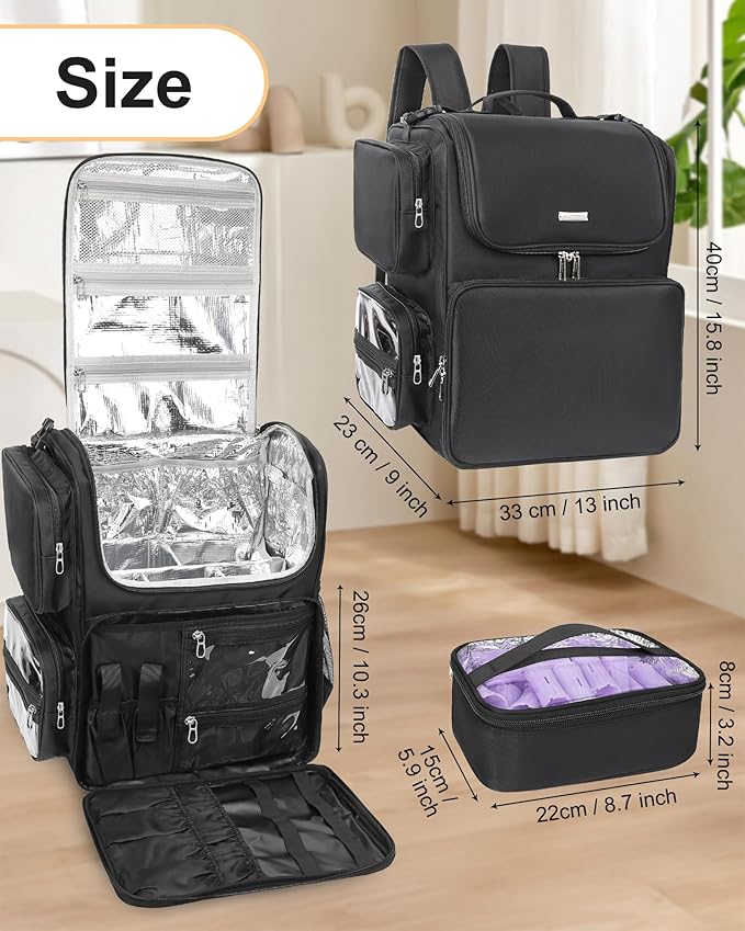 Relavel Rolling Makeup Train Case with Hair Stylist Backpack, Hairstylist Traveling Bag with 4 Wheels, Heat Insulation Full Layer, Adjustable Dividers, Hair Tools and Cosmetics Storage Organizer