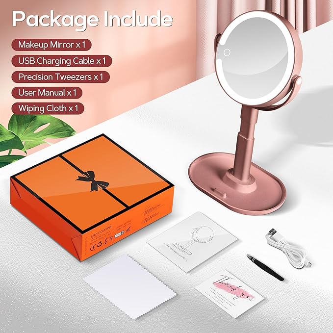 B Beauty Planet Makeup Mirror with Lights, Lighted Magnifying Mirror 30X with 3 Lighting and Adjustable Brightness, 2-Sided Height Adjustable Vanity Mirror for Bathroom, Gifts for Women Rose Gold