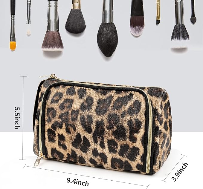 Travel Makeup Bag, Leopard Print Cosmetic Bag, Portable Make Up Organizer Bag with Side Handle, Roomy Makeup Pouch for Purse