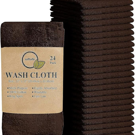 Softolle 100% Cotton Washcloths 24 Pack (12x12 Inches) Soft, Highly Absorbent Washcloth, Face Towels, Wash Cloths for Face, Ring Spun, Bulk Pack (Brown)