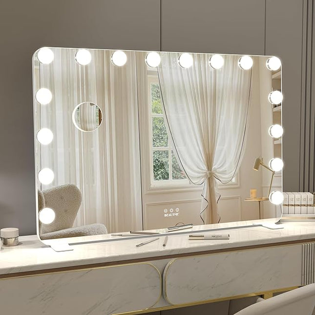 BEAUTME Large Vanity Mirror with Lights, 36''×24'' Makeup Mirror, Light up Mirror with 16 Dimmable LED Lights and 10X Magnification, 3 Lighting Modes, Touch Control