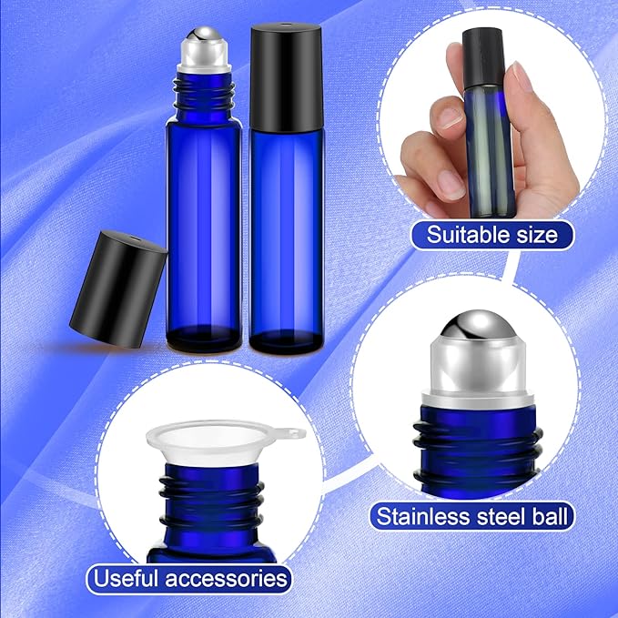 Sumind 150 Pcs Essential Oil Roller Bottles 10 ml Glass Empty Roll on Bottles with Stainless Steel Balls Leak Proof with 5 Funnel for Travel Essential Oil(Blue)