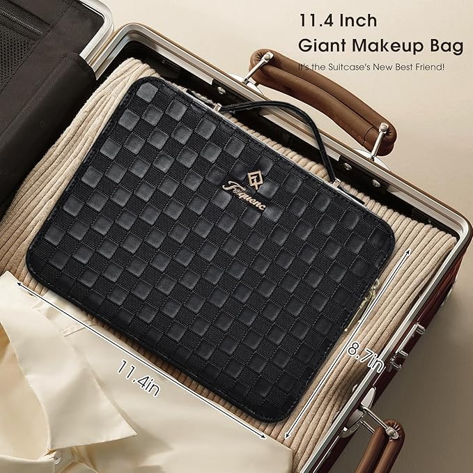 Leather Makeup Case with LED Lighted Mirror 11.4 Inch Travel Makeup Bag Adjustable Brightness in 3 Colors Cosmetic Organizer Artist Storage Bag with Dividers Brush Holder Bag Vanity Black Checkerboard