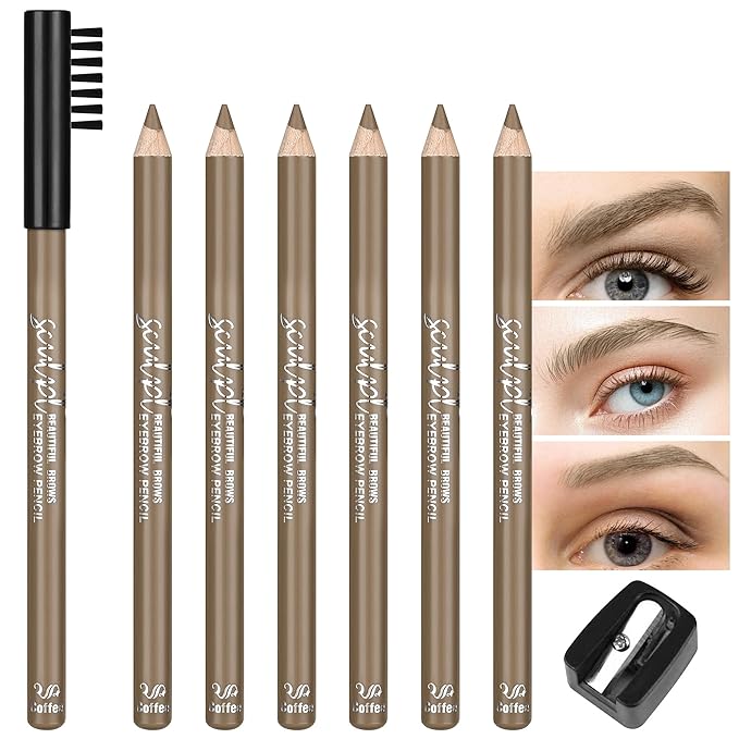 6Pcs Eyebrow pencil wooden，Brow Kit with Brush and Sharpener，Eyebrow Pencils for Women，Fine Tip Eye Brow Eye Liner for Eye Makeup,Shapes, Defines, Fills Brows (Medium Brown-01)