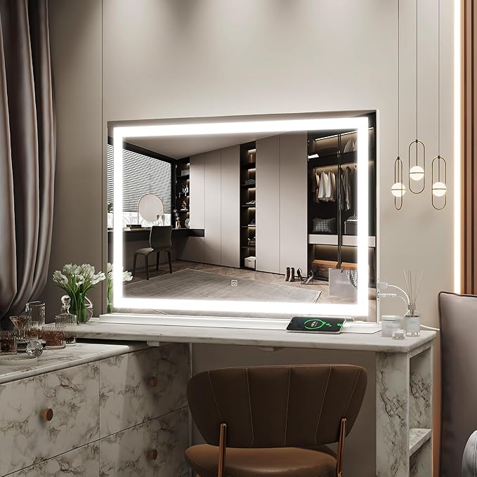 Vanity Mirror with Lights, 32" x 22" Large Lighted Vanity Mirror with Dimmable 3 Modes, LED Makeup Mirror, USB Charging Port, Tabletop or Wall-Mounted Square White