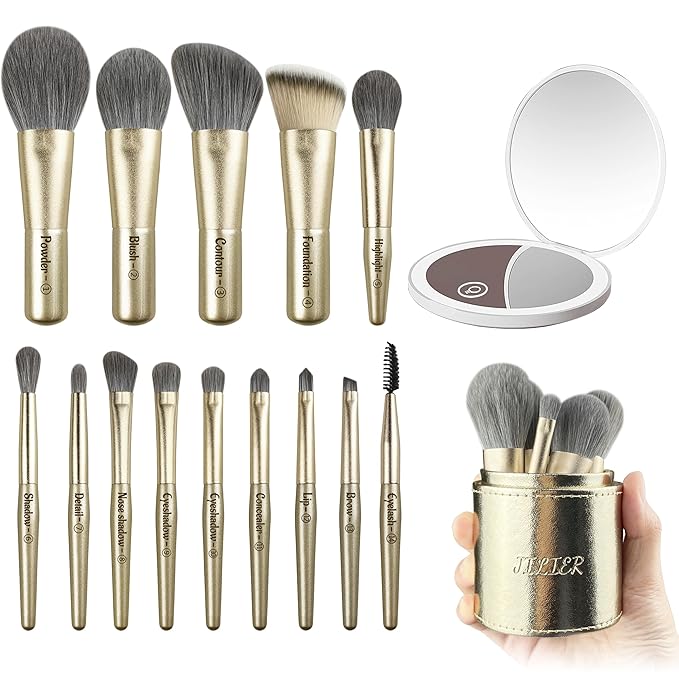 Jilier 14 pcs Mini Makeup Brushes and Pocket Mirror, Travel Makeup Brush Set, LED Compact Mirror with Light, Travel Size with Case, Portable for Handbag, Travel Essentials for Women