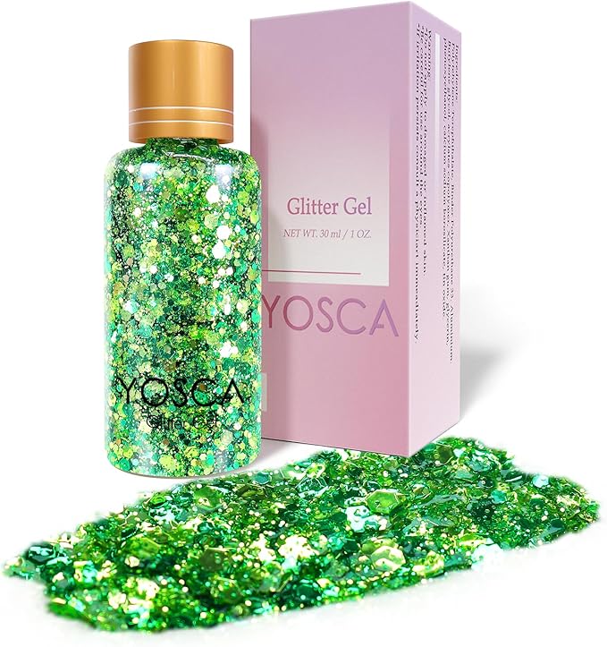 Yosca Body Glitter Gel, 30ML Green St. Patrick's Day Mermaid Face Glitter, Cosmetic Hair Chunky Glitter Sequins for St. Patrick's Day Halloween Coachella Christmas Stage Themed Makeup Rave Accessories