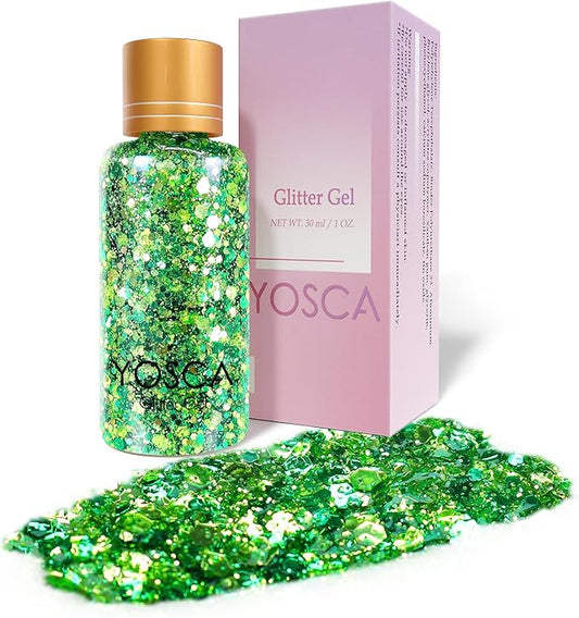Yosca Body Glitter Gel, 30ML Green St. Patrick's Day Mermaid Face Glitter, Cosmetic Hair Chunky Glitter Sequins for St. Patrick's Day Halloween Coachella Christmas Stage Themed Makeup Rave Accessories