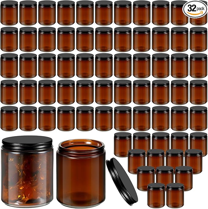 Lallisa 32 Pcs 8 oz Amber Glass Jars with Black Lids Round Glass Cosmetic Jars with Lids Empty Amber Containers Refillable Food Storage Containers for Spice Powder Liquid Sample Makeup