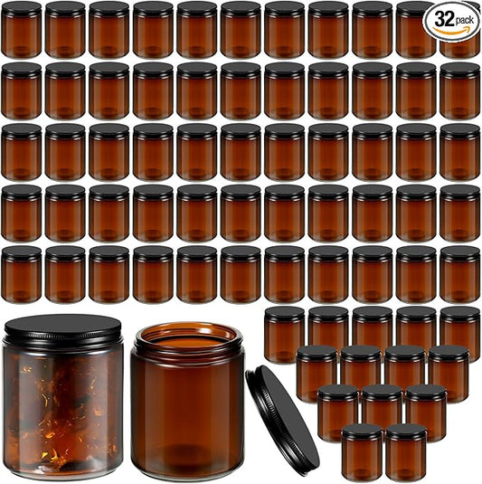 Lallisa 32 Pcs 8 oz Amber Glass Jars with Black Lids Round Glass Cosmetic Jars with Lids Empty Amber Containers Refillable Food Storage Containers for Spice Powder Liquid Sample Makeup