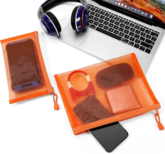 12 Pieces Zipper Nylon Mesh Pouch, Mesh Cosmetic Bags Makeup Bags Pencil Case, Multipurpose Travel Bags for Cosmetic School Office Supplies and Travel Accessories (Orange, A5+B6)