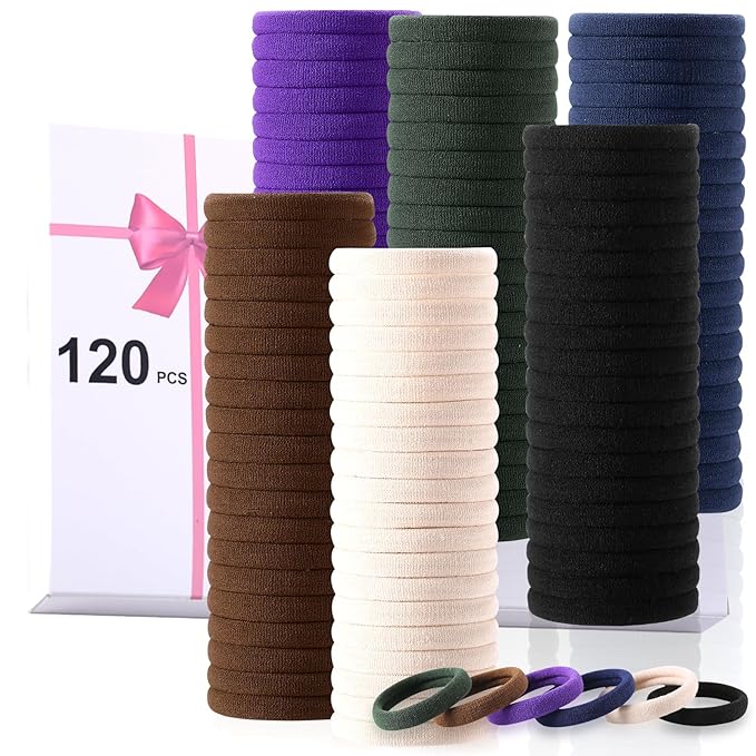 120 Pcs No Damage Hair Ties for Women Thick Hair,Large Soft Seamless Nylon Cloth Hair Ties Ponytail Hair Holders Hair Elastics Hair Band for Women Hair Accessories Neutrals 4