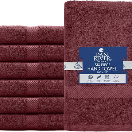 DAN RIVER 6-Pack Premium Hand Towels (16x28 Inches) - 100% Cotton, Ultra Soft, Lightweight, Highly Absorbent Towels for Bathroom, Spa, Gym, Salon, Hotel, and Travel - Pomegranate