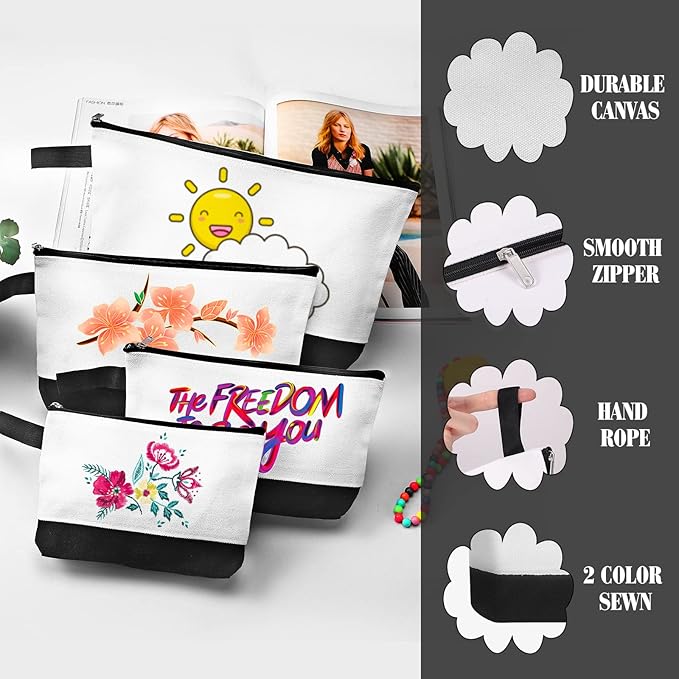 10 Pieces Cotton Canvas Makeup Bag with Bottom and Strap, Multi-Purpose Cosmetic Bag with Zipper Travel Toiletry Pouch, Blank DIY Craft Bag (White&Black, M)