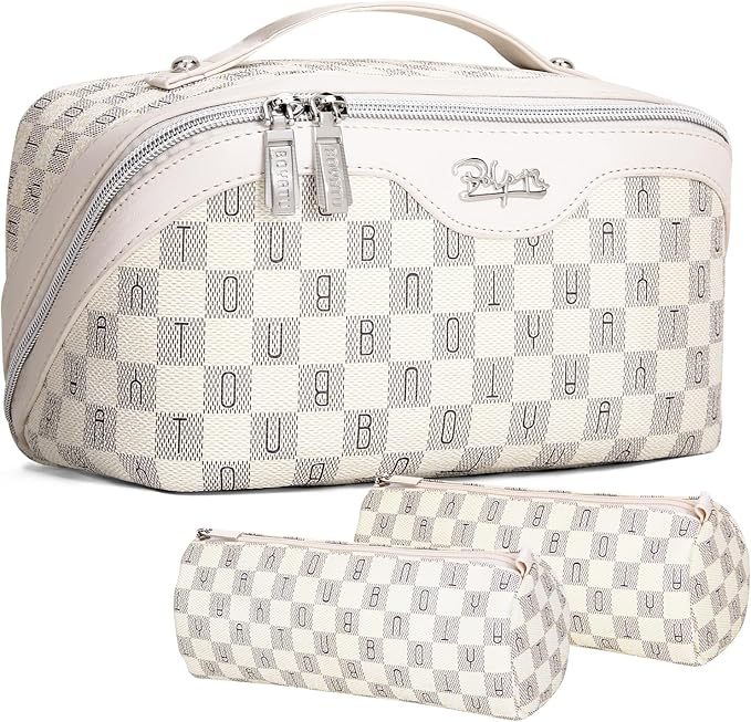 BOYATU Travel Makeup Bag Cosmetic Bags for Women: 3 Pcs Set Portable Make up Bag with Handle - Vegan Leather Toiletry Bags with Compartments - Makeup Organizer for Travel Essentials(02-Beige)