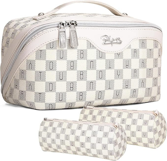 BOYATU Travel Makeup Bag Cosmetic Bags for Women: 3 Pcs Set Portable Make up Bag with Handle - Vegan Leather Toiletry Bags with Compartments - Makeup Organizer for Travel Essentials(02-Beige)